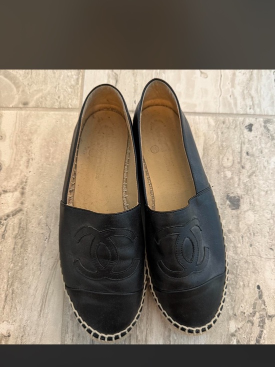 CHANEL Shoes - CHANEL Black Leather Espadrille Slip-Ons with CC Logo